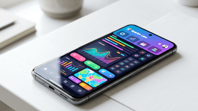 Smartphone displaying a modern app interface on a clean desk