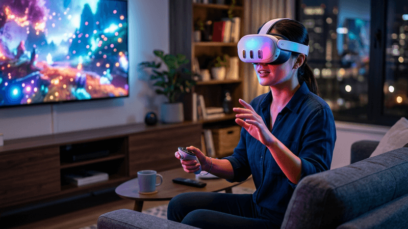 Person wearing VR headset immersed in a virtual reality experience